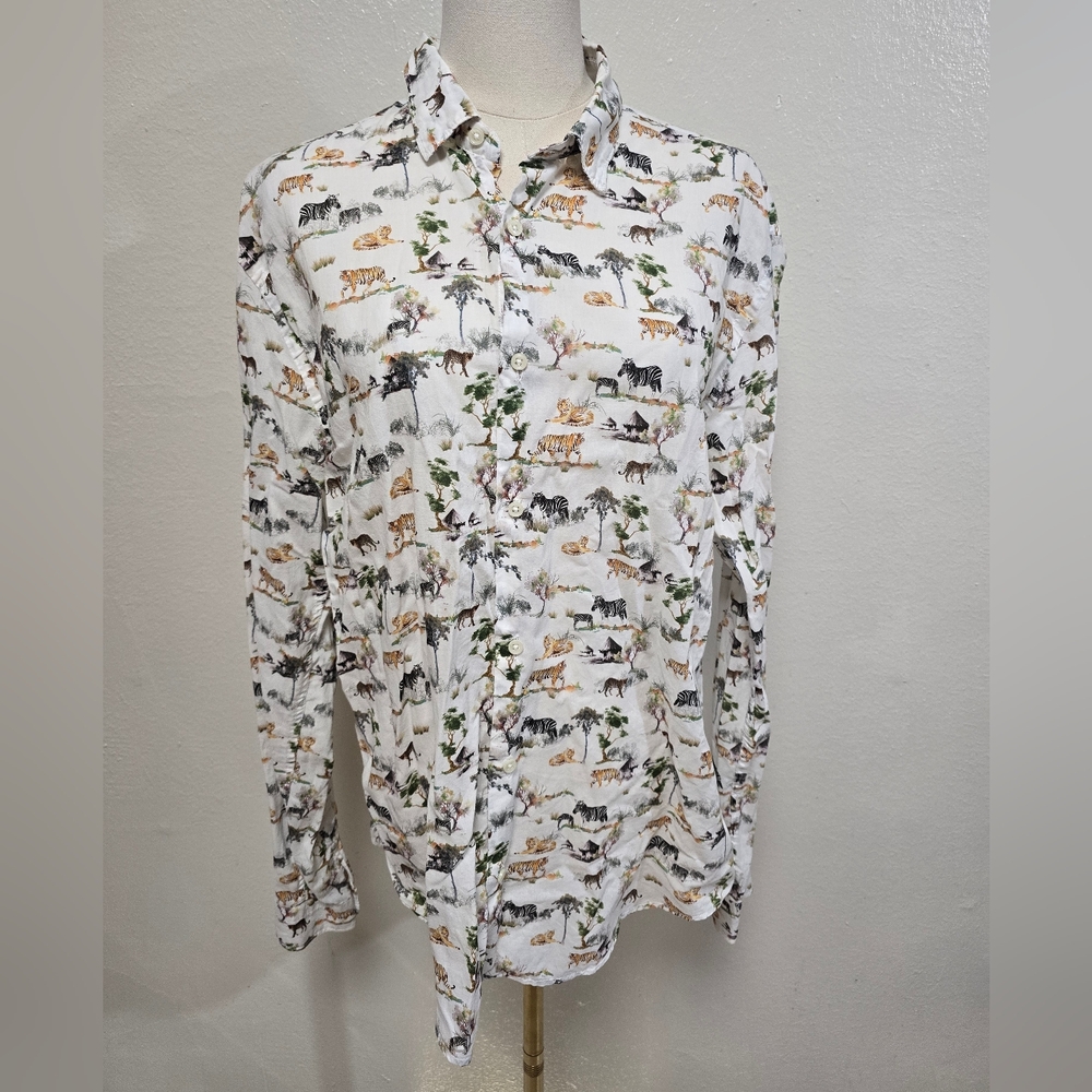 Zara Safari Print Relaxed Fit Button Down Shirt Size Medium